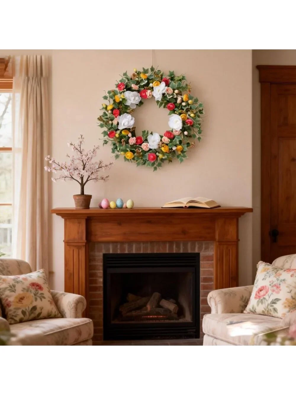 24-Inch Summer Floral Wreath - Artificial Peony & Rose, Colorful Green Leaves